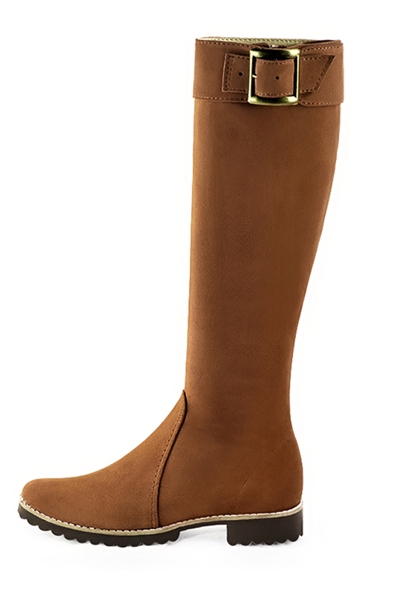Caramel brown women's riding knee-high boots. Round toe. Flat rubber soles. Made to measure. Profile view - Florence KOOIJMAN